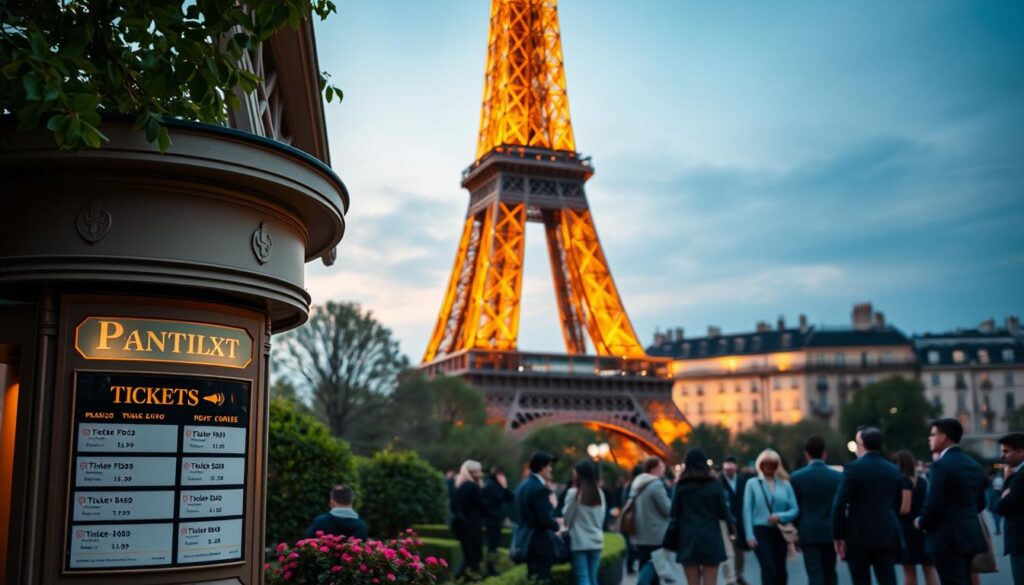 A picturesque view of the Eiffel Tower in Paris, vividly illuminated during the golden hour, showcasing its intricate iron lattice structure. In the foreground, an elegant ticket booth with an inviting atmosphere, displaying the ticket prices for entry to the tower, surrounded by lush green gardens and blooming flowers. The middle ground features groups of diverse tourists, dressed in smart casual clothing, eagerly discussing their plans for the visit. In the background, iconic Parisian buildings softly blurred, adding depth to the scene. The lighting casts a warm glow, enhancing the romantic and captivating vibe of the scene while capturing the essence of visiting one of the world’s most famous landmarks. The image has a balanced composition and is shot with a slight upward angle to emphasize the tower's grandeur.