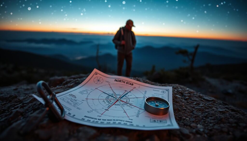 A practical navigation guide scene in an outdoor setting, showcasing a compass and a star map in the foreground, skillfully laid out on a rocky surface. In the middle ground, a hiker dressed in modest casual clothing studies the map intently, with a backdrop of a sprawling wilderness under a night sky filled with stars, prominently featuring the North Star. The background shows silhouettes of distant mountains against the twilight, creating a serene yet adventurous mood. The lighting accentuates the navigation tools, with a soft glow illuminating the compass and map, suggesting the urgency and importance of navigation. The image should be captured from a slightly elevated angle to provide a comprehensive view of the scene.