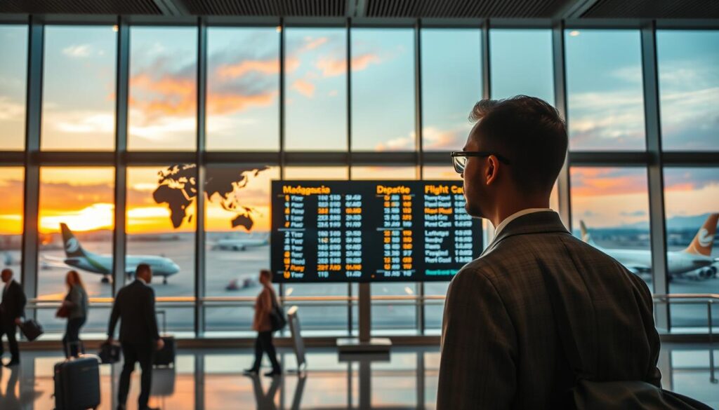 A scenic airport terminal with a busy atmosphere, capturing the essence of travel towards Madagascar. In the foreground, an elegant business traveler dressed in professional attire checks a large world map displaying flight paths and timings. The middle layer features a modern departure board showing flight information to Madagascar, illuminated by soft, warm lighting, emphasizing the anticipation of travelers. In the background, large glass windows reveal a vibrant sunset, casting warm hues across the terminal, while airplanes taxi in the distance, adding to the lively atmosphere. The overall mood is one of excitement and adventure, perfectly encapsulating the journey to Madagascar.