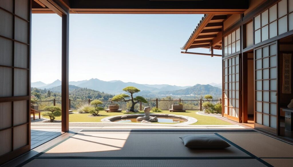 A serene Japanese accommodation nestled in a tranquil rural setting. In the foreground, a traditional wooden ryokan featuring elegantly arranged tatami mats and sliding shoji doors, adorned with minimalistic decor. A subtle flow of soft light streams in through the open doors, casting gentle shadows. In the middle ground, a picturesque garden with carefully manicured bonsai trees and a koi pond reflects the calmness of the scene. In the background, a distant view of green-covered mountains under a clear blue sky. The atmosphere is peaceful and inviting, evoking a sense of relaxation and comfort. The scene captures the essence of Japan’s hospitality and the aesthetic of traditional lodging, showcasing their unique architectural beauty and natural surroundings.