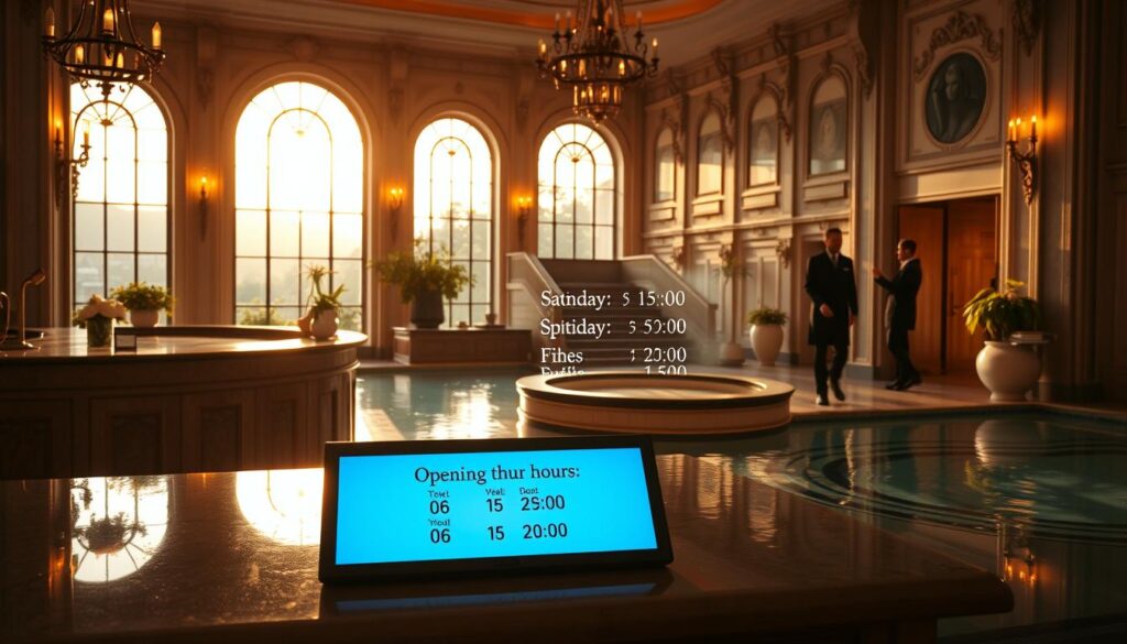 A serene and inviting image depicting the operational hours of a luxurious thermal bath, with a focus on the Gellért Baths. In the foreground, a stylish reception desk adorned with elegant decorations and a digital screen displaying the opening hours in a sophisticated font. In the middle ground, glimpses of the thermal baths with warm, inviting pools, surrounded by lush greenery and soft lighting. In the background, elegant architecture reminiscent of a historic spa, illuminated by golden hour sunlight streaming through large windows, casting gentle shadows. The atmosphere is calm and tranquil, suggesting a relaxing experience, while professional staff in modest attire are assisting guests in the background, enhancing the welcoming vibe.