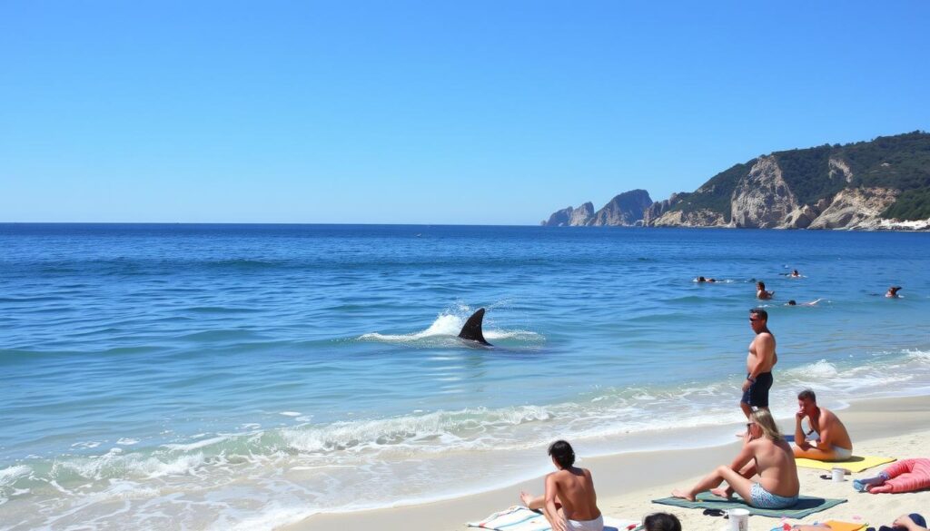 A serene beach scene depicting a clear blue sky and gentle waves lapping at the shore. In the foreground, a group of beachgoers in modest casual clothing are enjoying the sun, some are swimming, while others are lounging on beach towels. In the middle ground, subtle but noticeable splashes of water suggest a shark fin emerging above the surface, creating a sense of intrigue and mild tension. Nearby lifeguards are attentively observing the situation, adding an element of safety and caution. The background features distant cliffs and lush vegetation, hinting at the natural beauty of Mallorca. The lighting is bright and sunny, casting soft shadows and creating a warm, inviting atmosphere, despite the underlying narrative of a shark encounter.