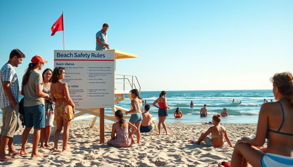 A serene beach scene illustrating "beach safety rules" with a clear blue sky and gentle waves. In the foreground, a diverse group of people in modest casual clothing, including a family with children and friends engaged in beach activities, gather around an informative sign displaying safety guidelines. In the middle ground, a lifeguard tower overlooks the area, with a vigilant lifeguard watching over beachgoers. In the background, sunbathers are enjoying the beach, while a few swimmers are in calm waters, following proper swimming etiquette. Soft, warm lighting enhances the inviting atmosphere, creating a sense of relaxation and safety. The image composition is balanced, focusing on community and responsible beach enjoyment without any text or watermarks.
