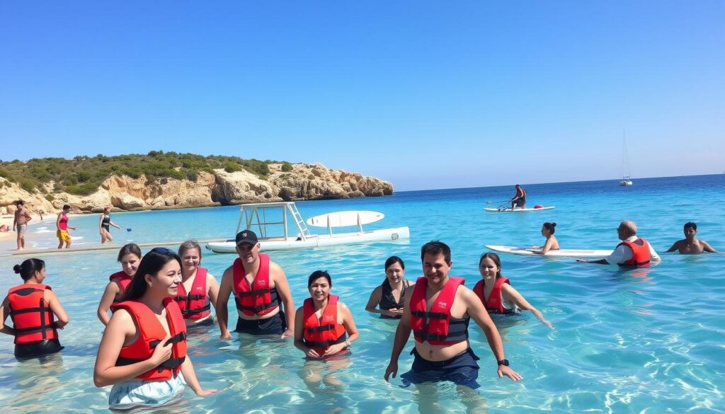 A serene beach scene in Mallorca, showcasing crystal-clear turquoise waters under a bright blue sky. In the foreground, a diverse group of individuals in modest casual clothing are practicing safety measures, such as wearing life jackets and engaging in safe swimming activities. In the middle ground, there's a lifeguard station with a vigilant lifeguard observing the area, and paddle boards anchored nearby. The background features the stunning coastline, adorned with rocky cliffs and lush greenery, hinting at the natural beauty of the island. The lighting is warm and inviting, creating a cheerful atmosphere. The image should have a slightly elevated angle to capture the entire scene effectively while maintaining a focus on safety precautions in the water.