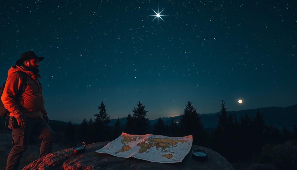 A serene night scene showcasing a clear sky filled with stars, prominently featuring the North Star shining brightly at the top of the image. In the foreground, a rugged explorer in professional outdoor attire stands next to a traditional compass and a detailed map spread on a rock, demonstrating the use of azimuth for navigation. The middle ground includes a silhouetted landscape of pine trees against the starlit sky, creating a sense of adventure and exploration. The background features distant mountains under the gentle glow of moonlight, enhancing the tranquil atmosphere. The lighting is soft and ambient, with a focus on the luminescence of the stars. The scene captures a mood of curiosity and wonder in the realm of navigation.