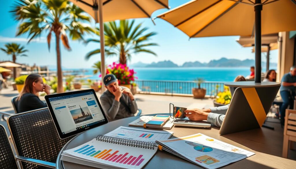 A serene scene depicting a person (dressed in smart casual attire) sitting at a stylish outdoor café table in a sunny plaza, calculating travel expenses for a trip to the Canary Islands. The foreground features a beautifully arranged budget planner with colorful charts and Euro currency notes spread out on the table, alongside a laptop showing a travel booking website. In the middle ground, other travelers enjoy their meals, with palm trees and vibrant flowers enhancing the tropical vibe. The background showcases a stunning view of Teneryfe's coastline and mountains under bright blue skies, evoking a sense of adventure. Soft, warm lighting illuminates the scene, creating a joyful and optimistic atmosphere, inviting viewers to dream of their vacation.