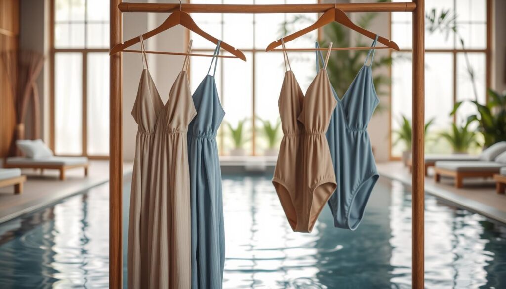 A serene spa environment with elegant, minimalistic decor. In the foreground, a neatly draped set of stylish, modest swimwear hanging on a wooden rack, showcasing a variety of calming colors like soft blues and earth tones. In the middle ground, a tranquil pool setting with gentle ripples reflecting soft, natural lighting that filters through large windows, creating a peaceful ambiance. The background features lush greenery and bamboo elements that enhance the spa-like atmosphere. Utilize a soft focus lens to create a warm, inviting mood, suggesting relaxation and comfort, ideal for a day at a thermal bath.