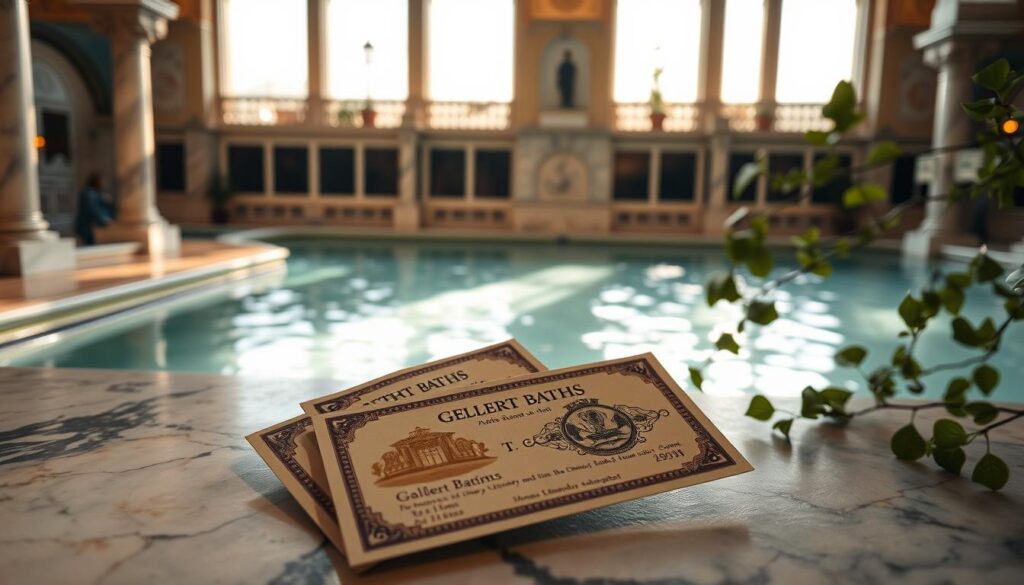 A serene spa setting featuring the Gellert Baths, showcasing elegant tickets in the foreground displayed on a marbled countertop. The tickets are colorful, with intricate designs emblematic of the spa's history and luxury. In the middle ground, a relaxed atmosphere is conveyed with soft sunlight streaming through large windows, illuminating the warm, inviting water of the thermal baths. Marble columns and art nouveau decor are visible, creating a sense of grandeur. In the background, delicate foliage adds a touch of nature. The lighting is soft and warm, creating a tranquil mood perfect for relaxation and rejuvenation. Shot from a slightly elevated angle to highlight the ticket details seamlessly integrated into the spa's ambiance.