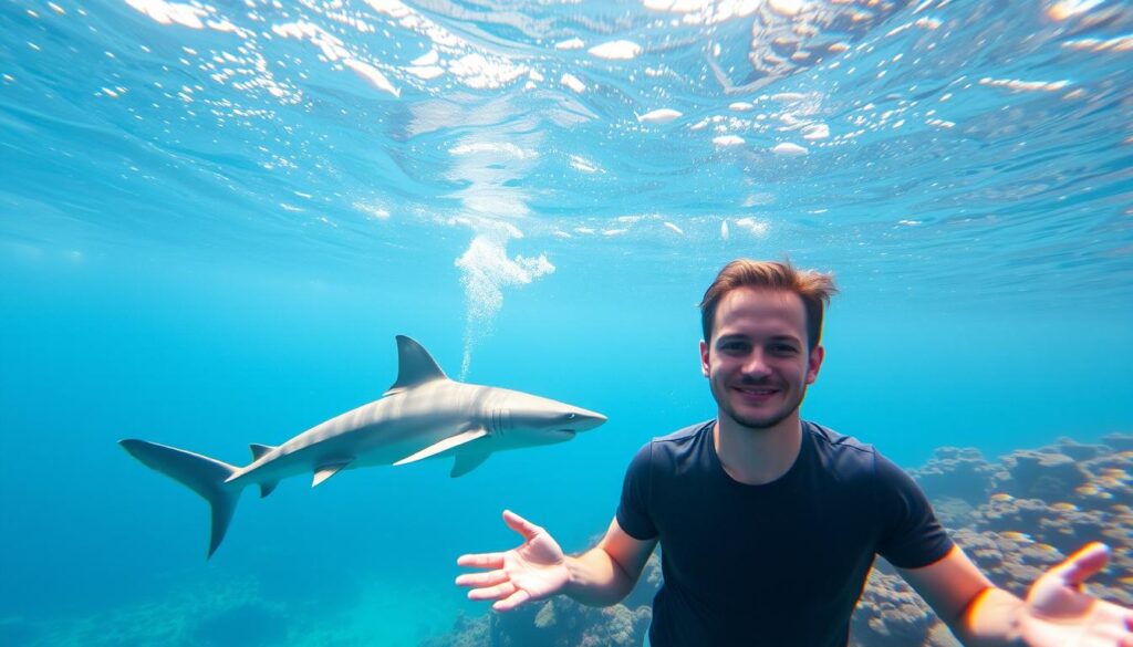 A serene underwater scene captures the moment a swimmer in modest casual clothing calmly encounters a shark in the clear blue waters off Crete. In the foreground, the swimmer demonstrates correct body posture, hands open and relaxed, signifying calmness. The middle ground reveals the majestic shark swimming gracefully nearby, showcasing its fins and sleek body, emphasizing the beauty of marine life. The background features a vibrant coral reef with colorful fish, adding depth and richness to the environment. Bright sunlight filters through the water, creating dappled light patterns, conveying a peaceful atmosphere. The overall mood is tranquil, portraying safety and the importance of remaining calm during encounters with sea creatures.