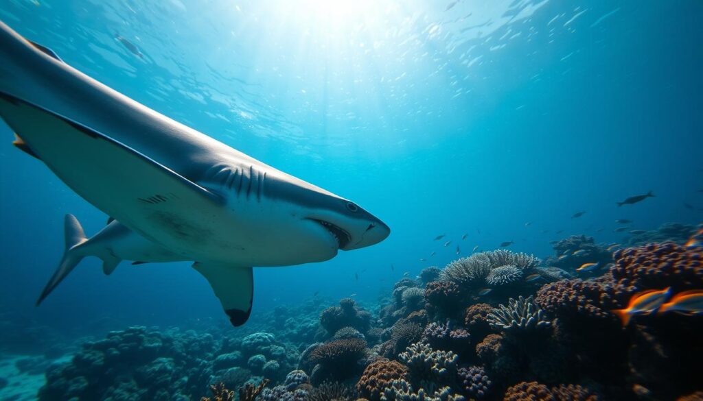 A serene underwater scene depicting a vibrant ecosystem affected by climate change, featuring a distressed shark swimming near a coral reef. In the foreground, the shark is vividly detailed, showing subtle signs of environmental stress, such as fading colors and shallow breathing. The middle ground showcases a diverse marine life struggling to adapt, including various fish species and a few coral formations with signs of bleaching. In the background, sunlight filters through the water, casting a cool blue-green hue, creating a somber yet hopeful atmosphere. The angle captures the perspective of an observer looking down into the depths, highlighting the impact of human activity and climate fluctuations on marine life. The overall mood is reflective, illustrating the urgency of conservation efforts without any text or additional elements.