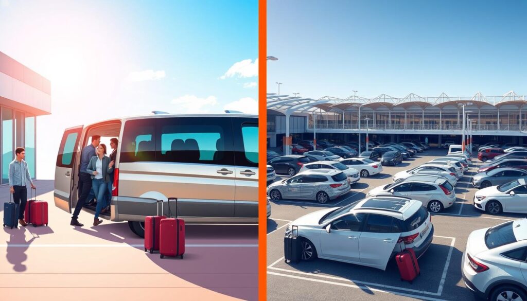 A split-scene illustration showcasing the contrast between airport transfer services and parking services at Berlin Brandenburg Airport (BER). In the foreground, a sleek minivan with passengers dressed in smart casual clothing unloading luggage outside the airport terminal under bright, natural daylight, creating a sense of efficiency and convenience. In the middle ground, a spacious parking area filled with various vehicles, some with luggage nearby, illustrating the option of self-parking, all under a clear blue sky. The background features the modern architecture of the airport terminal, emphasizing its design. Capture a lively and dynamic atmosphere that highlights the ease of transfer services compared to the parking option, with vibrant colors and a welcoming feel. No people should be depicted in a way that is inappropriate or unprofessional.