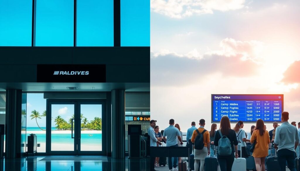 A split-scene image depicting the contrast between direct flights and connecting flights. In the foreground, an elegant airport terminal featuring two boarding gates: one for a direct flight to the Maldives, with a serene tropical beach display and palm trees visible through large windows, showcasing a bright, sunny atmosphere. The other, a connecting flight gate to Seychelles, with a digital board displaying multiple flight connections, illustrating bustling travel with passengers in modest casual clothing waiting in line, surrounded by luggage and travel guides. In the background, a dreamy sky transitions from a clear blue above the Maldives gate to a soft, cloudy ambiance at the Seychelles gate. Soft, natural lighting enhances the inviting atmosphere, while the composition balances the tranquility of direct travel with the excitement of connections.