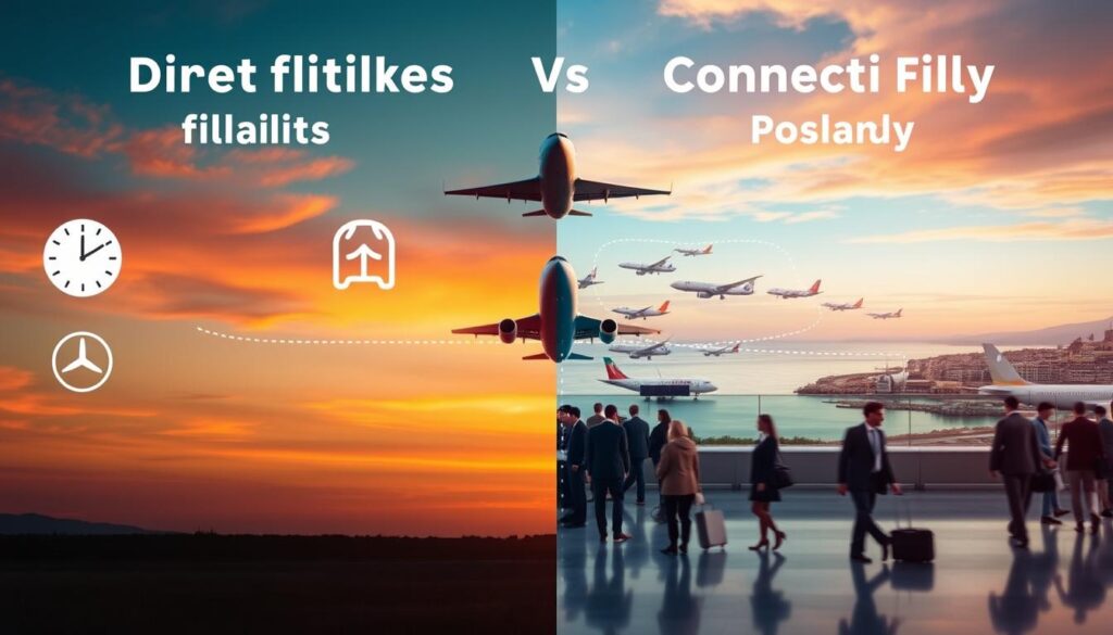 A split-screen image contrasting direct flights and connecting flights to Sicily from Poland. In the foreground, an airplane taking off against a vibrant sunset sky, emphasizing the speed of direct flights. On one side, icons of a clock and a smooth flight path illustrate the efficiency of direct travel. In the middle, depict an airport terminal bustling with passengers in professional attire, representing connecting flights with various planes in the background linked by dashed lines. The other half of the image shows a serene coastal view of Sicily, symbolizing the destination. Soft, warm lighting enhances the inviting atmosphere of travel, while a shallow depth of field focuses on the airplane and terminal details. The overall mood conveys a sense of adventure and choice in travel options.