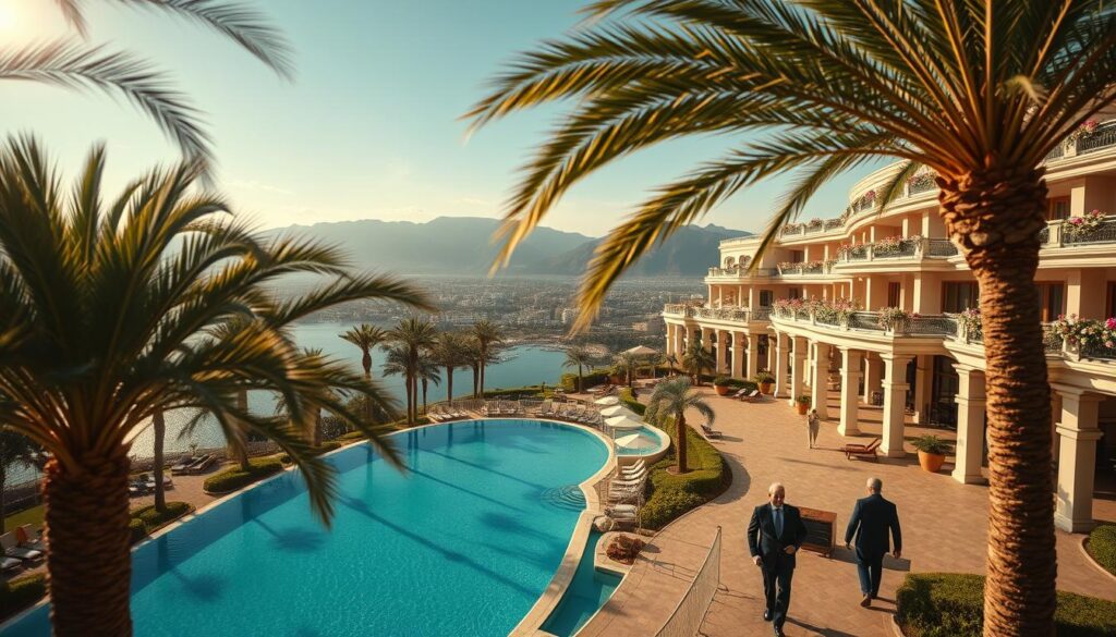 A stunning view of luxurious hotels nestled in a picturesque landscape, highlighting their opulent surroundings. In the foreground, elegant palm trees sway gently, framing a pristine infinity pool that reflects the sky. The middle ground showcases grand hotel facades, with modern architectural designs and expansive balconies adorned with flowers, overlooking a vibrant city or ocean view. In the background, majestic mountains rise against a clear blue sky, adding to the serene atmosphere. The scene is bathed in warm, golden sunlight, casting soft shadows and creating a tranquil mood. Capture the essence of luxury and comfort as guests in professional attire stroll leisurely along the pathways, enjoying the idyllic environment. The perspective is slightly elevated, emphasizing the grandeur of the hotels in relation to their stunning surroundings.