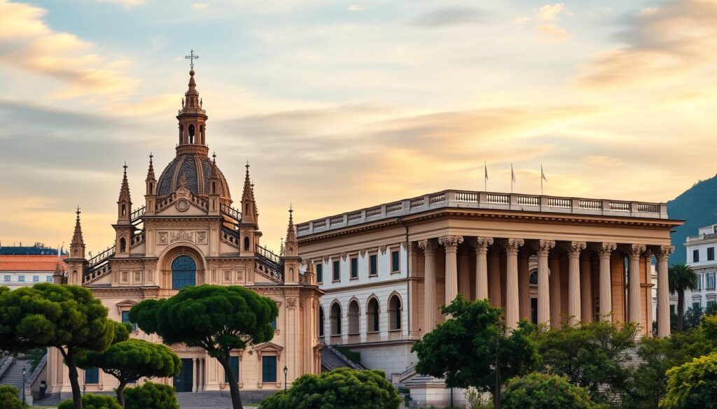 A stunning view of the Cathedral of Naples, showcasing its intricate façade and beautiful spires, dominating the foreground. In the middle ground, the illustrious National Archaeological Museum of Naples stands with elegant architecture and grand columns, surrounded by vibrant greenery. The background features a soft-focus view of the sky at twilight, casting a warm golden glow over the scene. The atmosphere is serene and reverent, capturing the spiritual essence of Naples. The lighting is soft and diffused, enhancing the textures of the buildings while creating gentle shadows. The perspective is slightly elevated, as if viewed from a nearby vantage point, celebrating both historical landmarks in one cohesive image, free of any text or distractions.