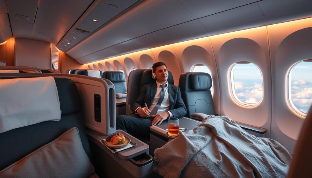 A tranquil airplane interior showcasing comfort during a flight. In the foreground, a spacious business class seat with plush cushioning and a cozy blanket, alongside a small tray displaying a gourmet meal and a refreshing drink. The middle ground includes a relaxed passenger, dressed in professional attire, comfortably reclining with headphones on, enjoying in-flight entertainment. The background features soft, ambient lighting from overhead LED lights, creating a soothing atmosphere. Large windows reveal a serene sky with fluffy clouds, suggesting a smooth journey. Emphasize warm tones to evoke a sense of relaxation and luxury, capturing the essence of a comfortable flying experience.