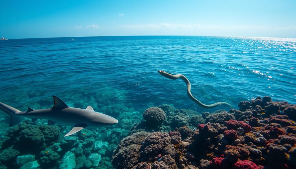 A tranquil yet slightly ominous scene depicting the Indian Ocean's aquatic threats. In the foreground, a sleek shark glides gracefully just below the water's surface, showcasing its impressive fin. Nearby, a vibrant sea snake winds through the coral reefs, emphasizing the beauty and danger of the underwater world. The middle ground features a diverse array of colorful fish darting around the coral, creating a lively yet cautionary atmosphere. The background reveals the shimmering ocean stretching to the horizon under a clear blue sky, capturing the serene yet unpredictable nature of marine life. Soft, natural lighting enhances the vivid colors of the ocean, and the angle should be slightly above water level, offering a view that hints at both beauty and potential peril for unsuspecting tourists. The mood is both captivating and contemplative, evoking a sense of respect for the ocean's inhabitants.