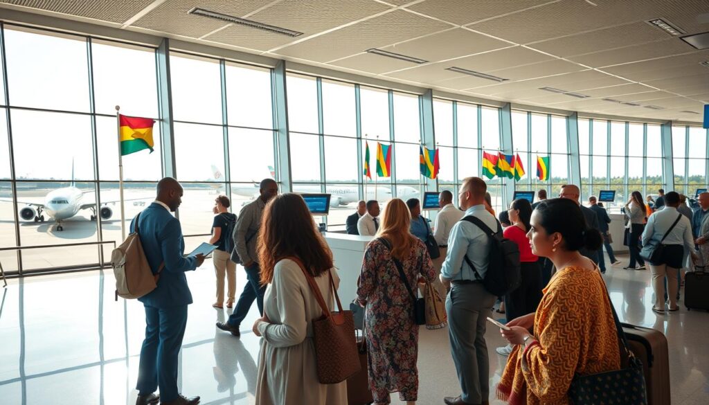 A vibrant airport scene capturing the essence of travel to Madagascar. In the foreground, a diverse group of travelers in professional business attire and modest casual clothing, eagerly consulting a flight schedule. The middle ground features a modern airport check-in counter adorned with flags representing various airlines, with travelers interacting with friendly staff. The background showcases large glass windows revealing a sunny sky, with planes ready for departure and lush greenery hinting at Madagascar’s unique landscape. The atmosphere is bustling yet organized, illuminated by warm, natural light streaming through the windows. The angle is slightly elevated, providing a panoramic view of the lively airport environment, evoking excitement for adventure.