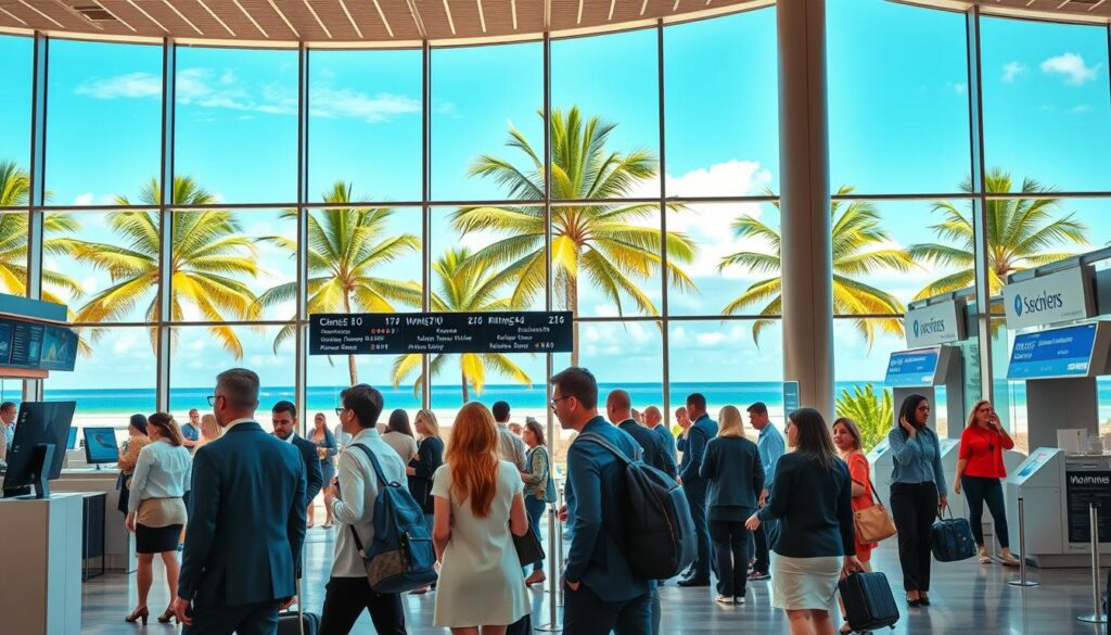 A vibrant and detailed scene showcasing a bustling airport terminal in the Seychelles, highlighting popular airlines and flight routes. In the foreground, display a diverse group of travelers in professional business attire, looking at flight information screens. The middle of the image features stylish airline counters with logos of renowned airlines, while sleek check-in kiosks can be seen bustling with activity. The background presents a large window showcasing tropical palm trees and azure skies, reflecting the warm, inviting atmosphere of the islands. The lighting should be bright and natural, creating a lively and energetic mood. Capture this moment from a slightly elevated angle, emphasizing the dynamic movement of travelers and the vibrancy of the airport environment.
