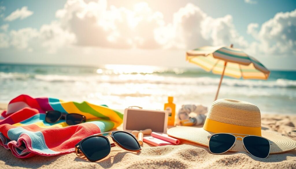 A vibrant beach scene featuring a variety of beach accessories and electronic gadgets. In the foreground, there are colorful beach towels, stylish sunglasses, and a wide-brimmed hat, neatly arranged on a sandy surface. The middle ground includes a sleek portable speaker, a sunblock bottle, and a beach umbrella, all surrounded by a crystal-clear ocean. In the background, soft waves lap against the shore under a bright, sunny sky with fluffy white clouds. The lighting is warm and inviting, with a slight lens flare to enhance the cheerful atmosphere. The overall mood is relaxed and summery, evoking the excitement of a beach vacation while showcasing essential accessories and gadgets for leisure.