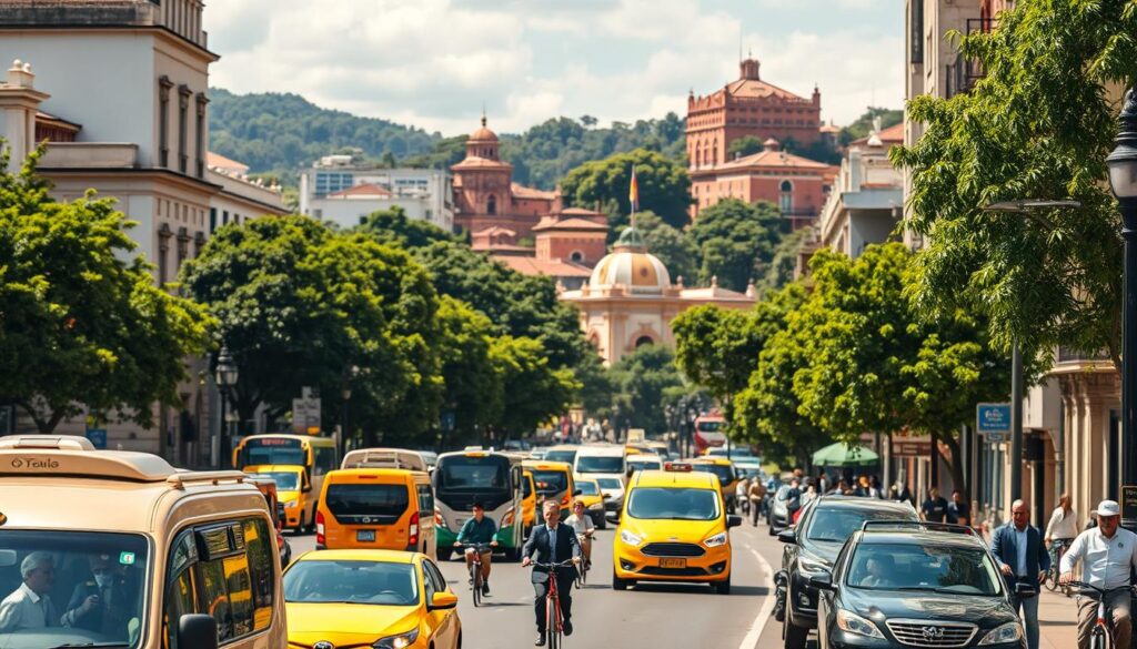 A vibrant cityscape of Brazil showcasing a bustling street scene in the foreground with various modes of transportation, such as busses, taxis, and bicycles, symbolizing the cost of transportation. In the middle ground, well-maintained hotels and hostels reflect diverse accommodation options, displaying people in professional business attire and modest casual clothing checking-in. The background features lush greenery and iconic Brazilian architecture like colonial buildings or favelas, merging urban life with nature. The scene is illuminated by warm sunlight, casting soft shadows and creating a lively, inviting atmosphere. The perspective is slightly elevated, providing a panoramic view of the city, emphasizing the dynamic energy of Brazil while concentrating on affordability and accessibility in travel.