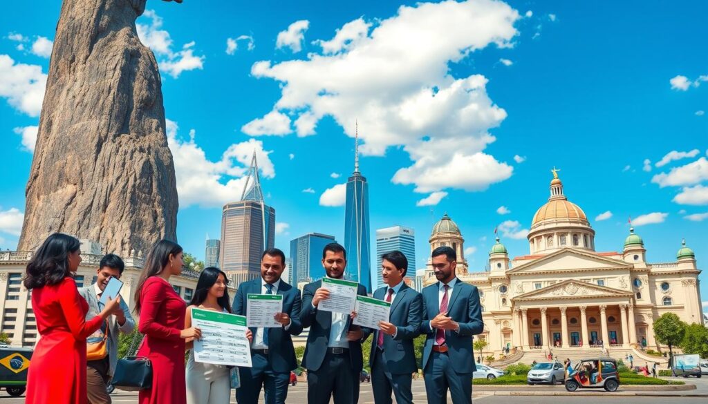 A vibrant cityscape showcasing a comparison of living costs in Brazil's major cities, including Rio de Janeiro, São Paulo, and Brasília. In the foreground, a diverse group of professionals in modest business attire engages in a discussion, holding charts illustrating prices for food, housing, and transportation. The middle ground features iconic landmarks from each city, like Christ the Redeemer, the São Paulo skyline, and the National Congress of Brazil. In the background, a bright blue sky with scattered clouds adds to the lively atmosphere. Use natural lighting to highlight the architectural details and create a sense of optimism about urban living. The scene should evoke a constructive and informative mood, perfect for summarizing urban expenses.