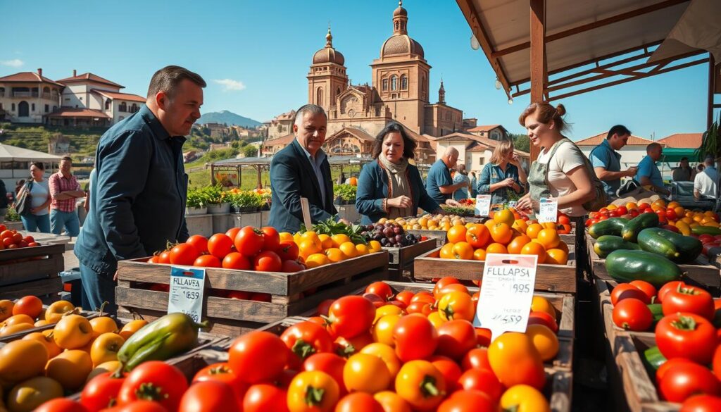 A vibrant market scene in Bulgaria in 2025 showcasing food prices. In the foreground, a colorful array of fresh produce, including tomatoes, peppers, and fruits, displayed on rustic wooden crates. A price tag hanging on each crate, indicating various food costs. In the middle ground, local vendors wearing professional attire interact with customers, their faces expressing welcome and warmth. The background includes a scenic view of traditional Bulgarian architecture under a clear blue sky, enhancing the cultural essence. Soft, natural lighting casts gentle shadows, creating a warm atmosphere, while capturing the hustle of daily life. The angle is slightly elevated, giving a comprehensive view of the market.