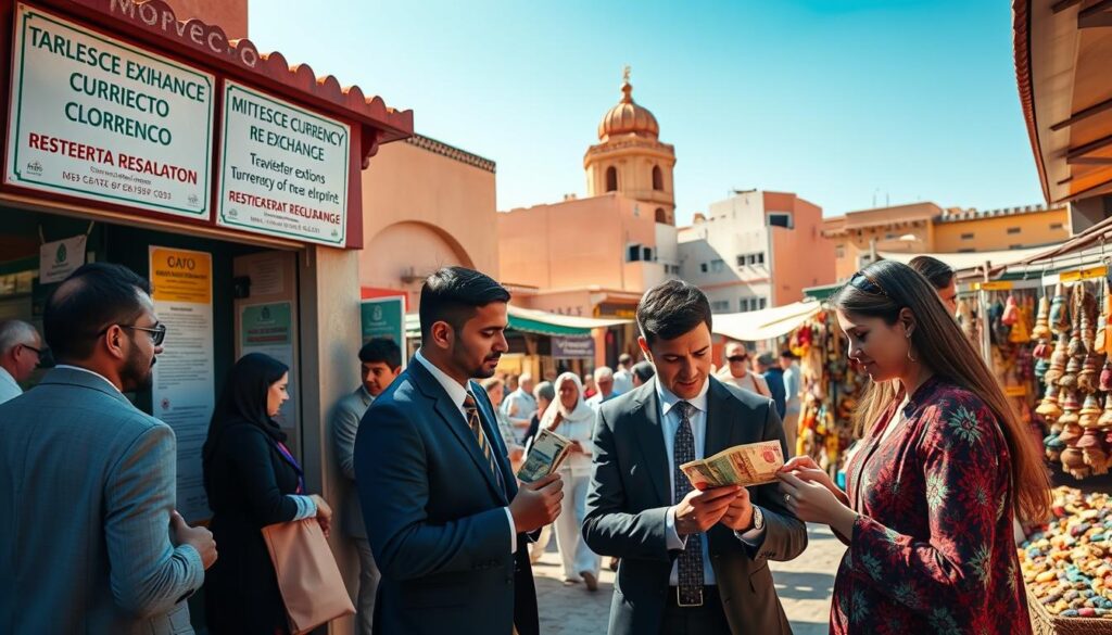 A vibrant market scene in Morocco, showcasing a currency exchange office with signs alerting travelers to restrictions on currency export. In the foreground, a diverse group of individuals in professional business attire discusses currency regulations, while a young couple examines local currency in their hands. The middle ground features colorful Moroccan architecture adorned with traditional patterns, and merchants displaying various handicrafts. In the background, sunny skies cast warm light, enhancing the lively atmosphere of hustle and bustle. The scene conveys a sense of caution and awareness regarding travel safety and financial regulations. Capture this moment with a slightly elevated angle to give a broader view of the bustling market while softly focusing on the exchange office, ensuring a clear representation of the section's theme.