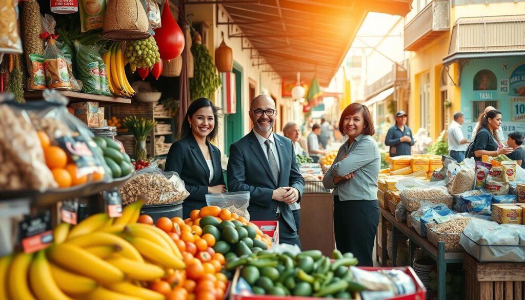 A vibrant marketplace scene in Brazil, showcasing a variety of everyday grocery items such as fresh fruits, vegetables, grains, and packaged goods. The foreground features a colorful fruit stand, with bananas, oranges, and avocados artfully arranged. In the middle, cheerful vendors interact with customers, wearing professional business attire and modest casual clothing, reflecting a friendly shopping atmosphere. The background shows traditional Brazilian architecture with sunlit streets, vivid colors, and people engaging in conversation. Bright, natural lighting enhances the scene, with a slight lens flare to evoke a warm, inviting mood. Capture the essence of daily life and the rich culture of Brazil in this bustling market environment.