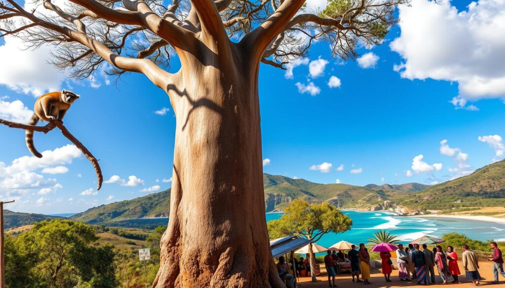 A vibrant scene showcasing the unique natural beauty and cultural highlights of Madagascar. In the foreground, a baobab tree stands tall, its massive trunk and distinctive shape intricately detailed. To the left, a lemur is perched playfully on a branch, adding a sense of liveliness. In the middle ground, a local market bustles with people dressed in colorful traditional attire, showcasing artisanal crafts and vibrant fabrics. The background features the lush green hills and a stunning coastline with turquoise waters, under a bright blue sky dotted with fluffy white clouds. The lighting is warm and inviting, casting gentle shadows that enhance the textures of the landscape. The overall mood is one of adventure and exploration, capturing the essence of Madagascar's rich biodiversity and cultural heritage.