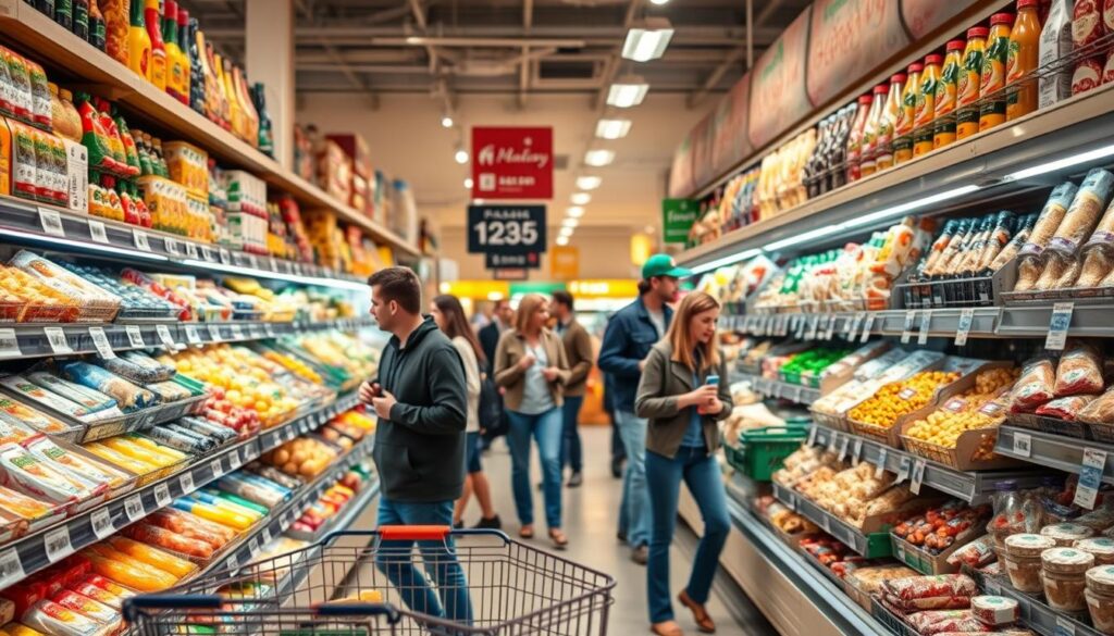 A vibrant supermarket scene in Bulgaria, showcasing a diverse array of grocery items on the shelves, such as fruits, vegetables, dairy, bread, and local delicacies. The foreground features neatly organized shelves filled with colorful products and a shopping cart partially visible. In the middle ground, shoppers of varying ages, dressed in casual clothing, are browsing and comparing prices, engaging in a lively atmosphere. In the background, bright overhead lighting casts a warm glow, highlighting price tags and product labels. A harmonious blend of activity and detail conveys the bustling environment of a Bulgarian supermarket. The overall mood is fresh, inviting, and informative, ideal for illustrating insights about shopping prices in Bulgaria in 2025.