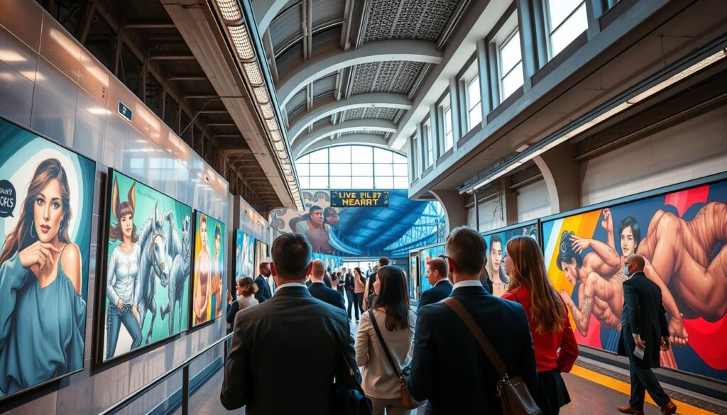 A vibrant underground art gallery setting inspired by the metro stations of Naples, showcasing modern art installations and murals. The foreground features a bustling station with commuters dressed in professional attire, gazing at captivating artworks. In the middle ground, striking murals on the walls reflect Neapolitan culture, with bold colors and intricate designs. The background reveals a spacious and architecturally modern metro environment, with artistic lighting highlighting the artworks and creating an inviting atmosphere. The scene is filled with natural light filtering through large windows, casting soft shadows. Capture the essence of Naples' cultural vibrancy and artistic heritage, evoking a sense of wonder and exploration.