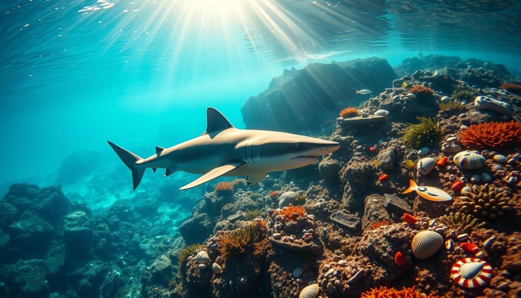 A vibrant, underwater scene showcasing the historical and current presence of sharks around the island of Crete. In the foreground, a majestic shark glides gracefully through crystal-clear waters, with a diverse array of colorful marine life surrounding it, vividly illustrating the rich ecosystem. The middle ground features rocky underwater landscapes adorned with seaweed, shells, and ancient relics, hinting at the past. In the background, the sun's rays filter down, creating a serene and inviting atmosphere, while hints of Crete’s coastline are visible above the water surface. The image is illuminated with soft, natural lighting that emphasizes the tranquility of the ocean, captured from a slightly angled perspective to portray depth and movement. The overall mood is peaceful yet awe-inspiring, reflecting the majesty of marine life in Crete's waters.