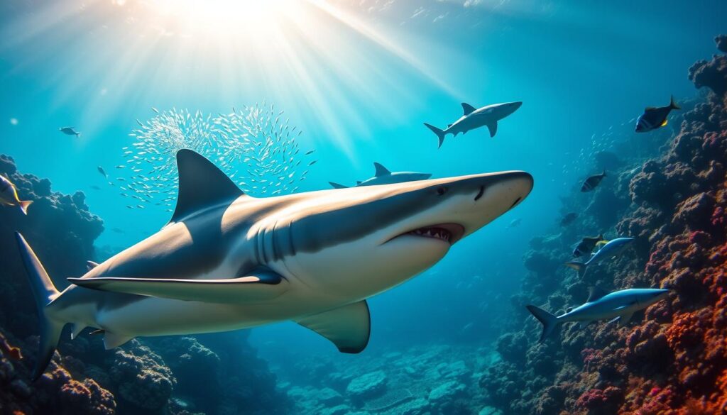 A vibrant underwater scene showcasing various species of Mediterranean sharks in their natural habitat. In the foreground, depict a majestic great white shark swimming gracefully, with its sharp silhouette accentuated by sunlight filtering through the water. In the middle ground, include a sleek hammerhead shark and a curious blue shark, both surrounded by colorful schools of fish, emphasizing the rich marine biodiversity. In the background, portray a coral reef teeming with life, illuminated by beams of sunlight creating a serene atmosphere. The image should showcase the beauty and ecological importance of sharks in the Mediterranean Sea, captured in a realistic style with clear, vibrant colors. Aim for a tranquil yet dynamic mood that highlights the sharks' role in maintaining balance within the ecosystem.