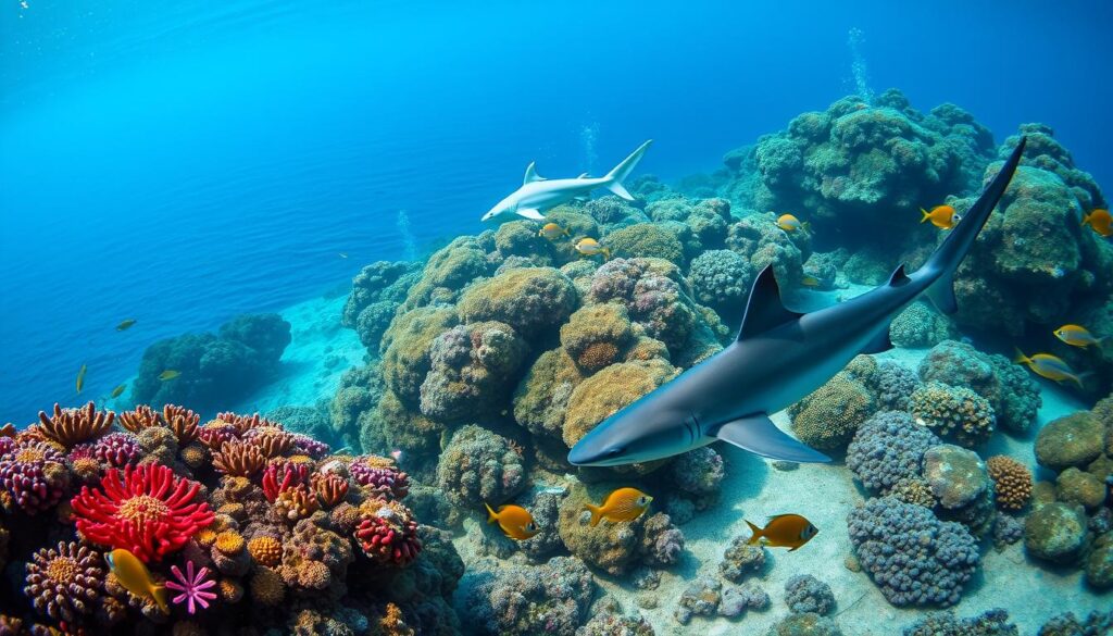 A vibrant underwater scene showcasing various species of reef sharks commonly found around Sri Lanka. In the foreground, a sleek blacktip reef shark gracefully swims among colorful coral formations, with schools of tropical fish darting nearby. In the middle ground, a whitetip reef shark glides past a coral outcropping, illuminated by soft sunlight filtering through the water's surface, creating sparkles of light. The background features a serene seascape, with gentle waves and a clear blue ocean blending seamlessly into the horizon. The atmosphere is tranquil and inviting, capturing the beauty and diversity of marine life in Sri Lanka's waters. The image should evoke a sense of wonder and exploration, with crisp, clear details and a natural color palette that highlights the vibrancy of the underwater world.