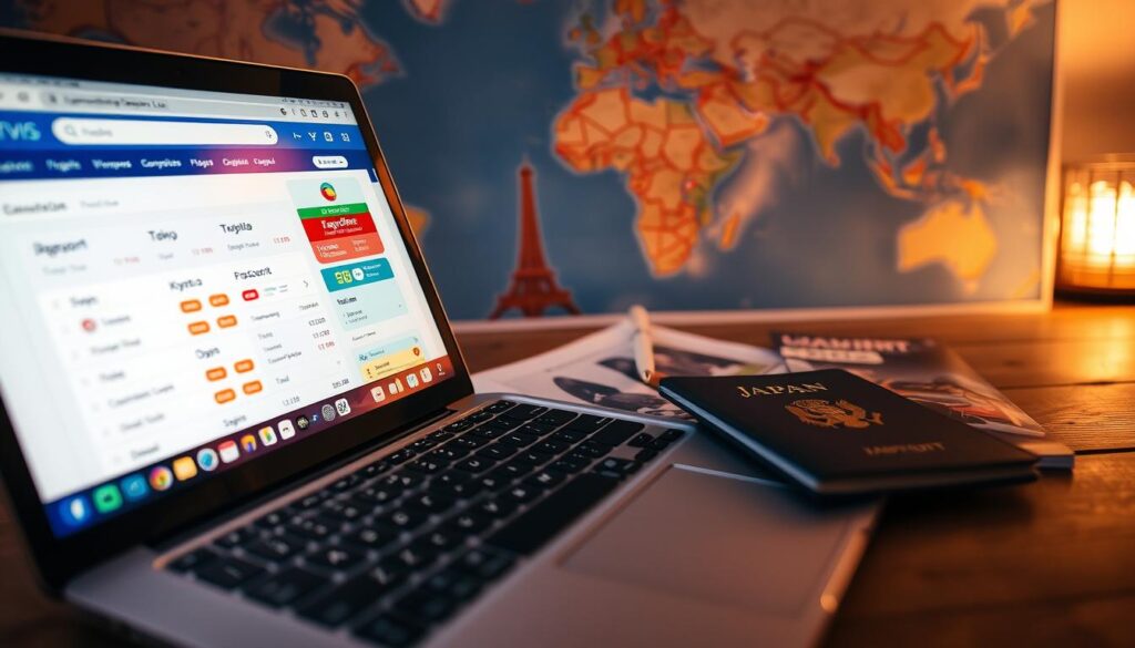 A vivid depiction of flight bookings and travel costs to Japan, foregrounded by a close-up of an open laptop displaying a vibrant flight comparison website, with vibrant prices highlighted. In the middle, a travel itinerary filled with notes about popular Japanese destinations - Tokyo, Kyoto, and Osaka - scattered alongside a passport and a travel guide. In the background, a blurred image of a world map, emphasizing Japan, subtly illuminated by warm, soft lighting that creates an inviting atmosphere. The scene conveys a sense of excitement and anticipation for travel. The angle captures the essence of planning a journey, showcasing the tools needed for booking flights, designed to inspire readers about navigating travel expenses.