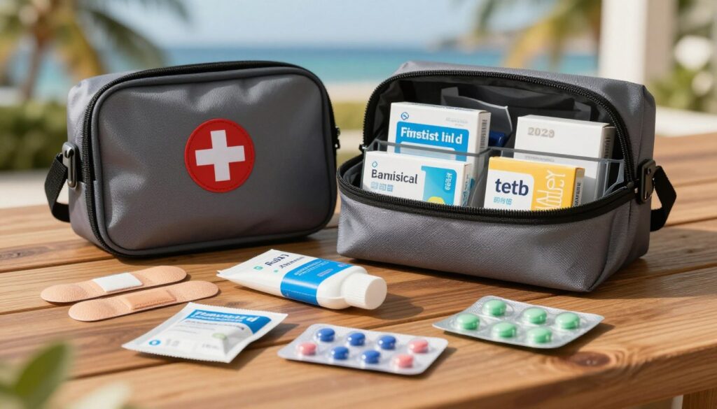 A well-organized travel first aid kit is displayed on a wooden table, emphasizing neatness and clarity. In the foreground, various medical supplies such as band-aids, antiseptic wipes, and pain relievers are arranged orderly, showcasing a compact and efficient layout. In the middle ground, a durable, zipped first aid bag is partially open, revealing compartments filled with essential items, all labeled for easy access. The background features a softly blurred scenic view of a sunny outdoor setting, hinting at a vacation atmosphere. Warm, natural lighting enhances the scene, creating an inviting and practical vibe. The overall mood is one of preparedness and reassurance, essential for safe traveling.