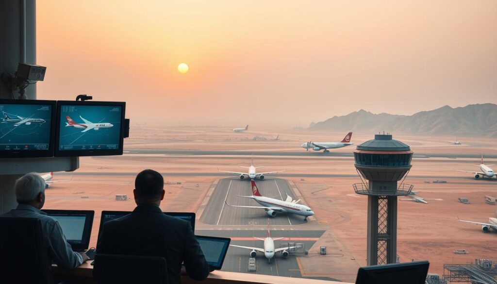 Aerial scene depicting challenges in air traffic control in the Middle East, showcasing a busy airport surrounded by arid landscapes. In the foreground, a modern air traffic control tower with professionals in business attire observing radar screens, intently monitoring air traffic. The middle ground features several commercial airplanes preparing for takeoff and landing on a runway, with one plane silhouetted against the orange glow of a sunset. The background shows desert mountains under a hazy sky, emphasizing the geographical context. Soft, warm lighting casts long shadows, creating a tense yet focused atmosphere that conveys the complexity of managing air traffic. A wide-angle perspective captures the entirety of this dynamic scene without any text or watermarks.
