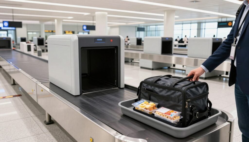 Airport security screening area with passenger bag containing food items