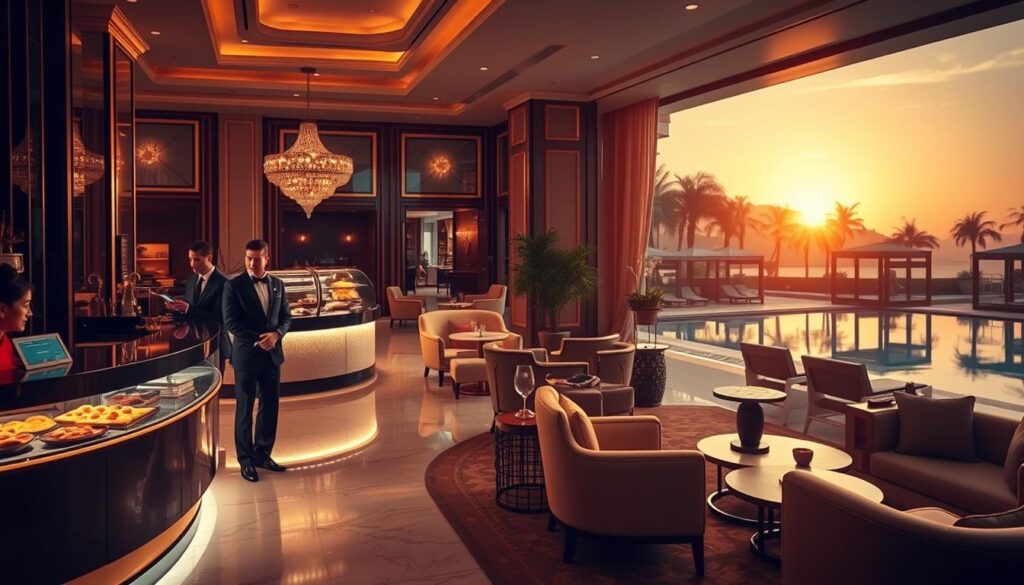 An opulent luxury hotel lobby featuring elegant additional attractions and services. In the foreground, a welcoming concierge dressed in professional attire assists a well-dressed couple, embodying a warm and attentive atmosphere. In the middle, various lavish amenities like an upscale café with gourmet pastries and a chic lounge area with plush seating. On the backdrop, a stunning view of the hotel's lavish swimming pool with cabanas bathed in soft, golden sunset lighting. The mood is inviting and sophisticated, capturing the essence of luxury. The setting is illuminated with soft ambient lighting that enhances the elegant decor, using a warm color palette. The angle showcases depth, drawing the viewer into this exquisite experience.