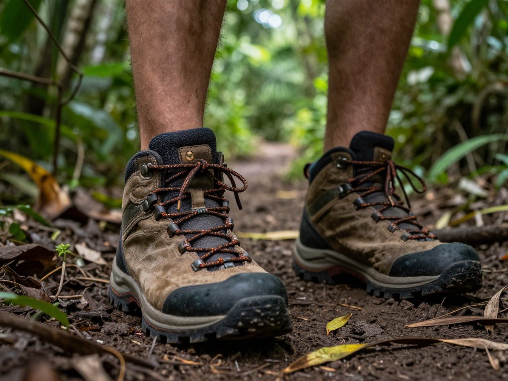 Bezpieczne buty trekkingowe na szlaku w meksykańskiej dżungli z roślinnością tropikalną