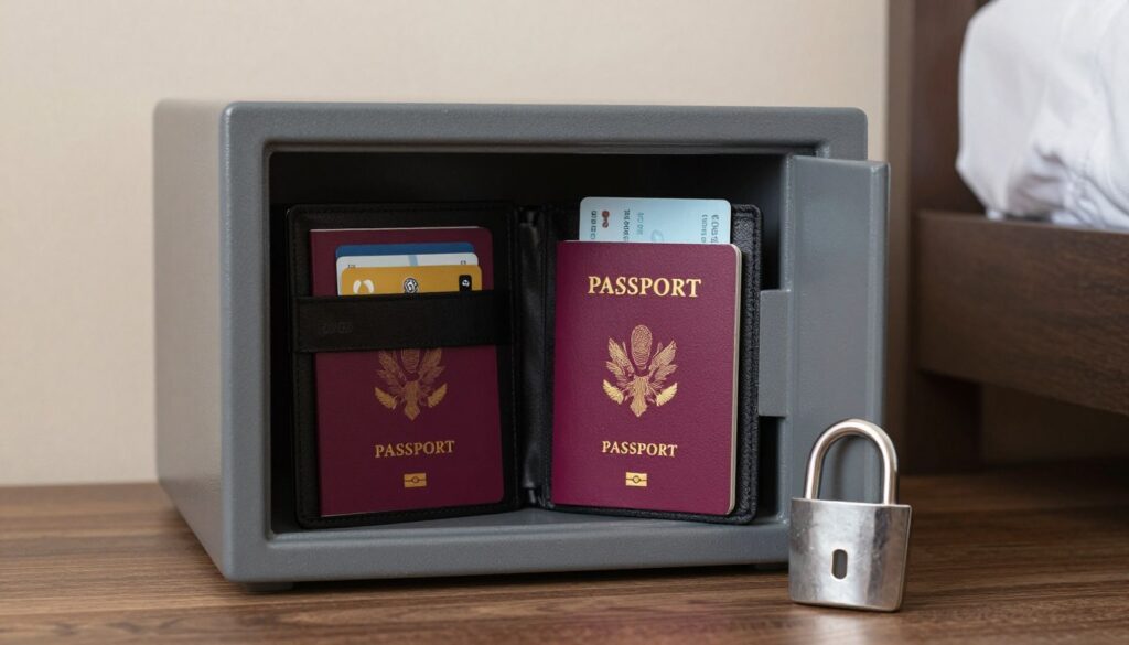 Bezpieczny sejf hotelowy z paszportem i kartami kredytowymi oraz zamknięta teczka podróżna