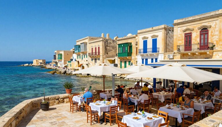 Ceny na Malcie w restauracjach - taras restauracyjny z widokiem na maltańskie wybrzeże
