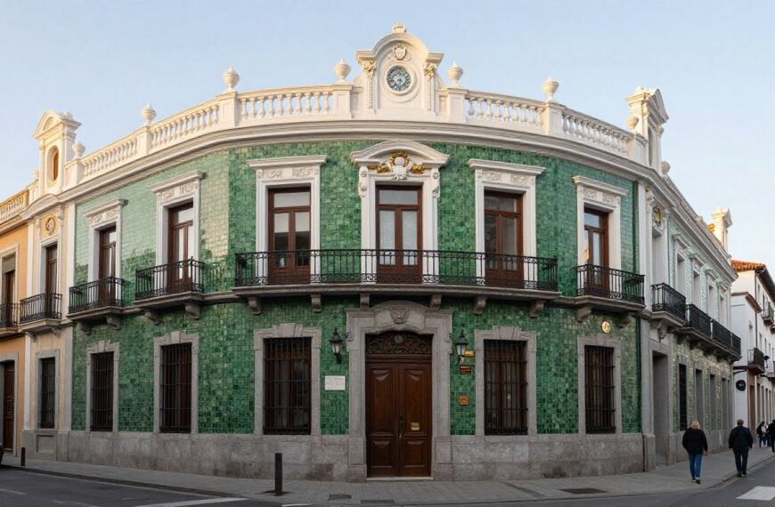 Chocolatería San Ginés fasada z zielonymi kafelkami w centrum Madrytu