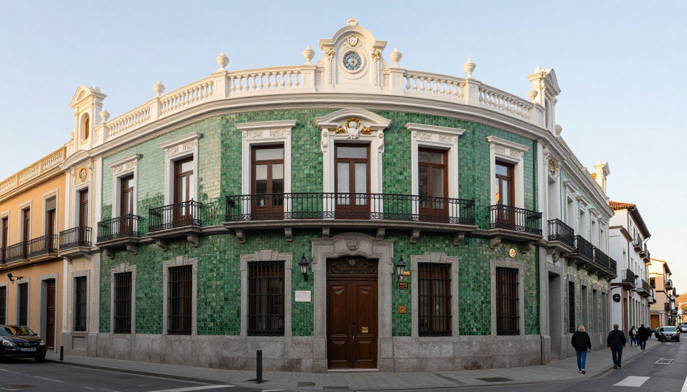 Chocolatería San Ginés fasada z zielonymi kafelkami w centrum Madrytu