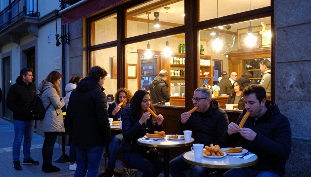 Chocolatería San Ginés otwarta o świcie z klientami przy stolikach