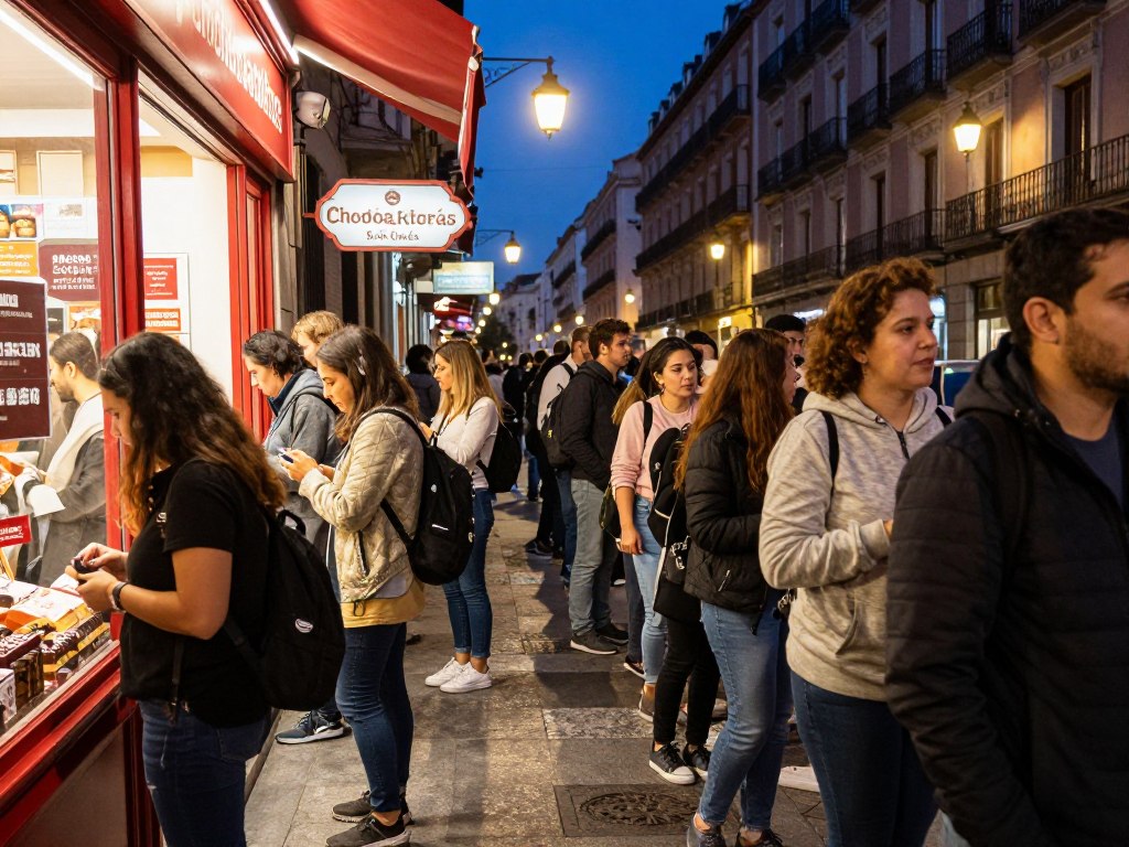Długa kolejka przed Chocolatería San Ginés w weekend wieczorem