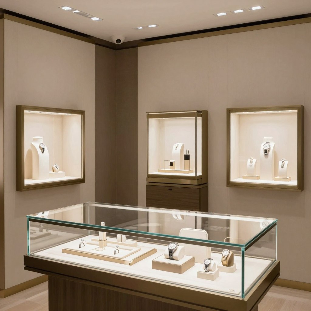 Dział biżuterii w Galerii Lafayette - eleganckie gabloty z luksusową biżuterią i zegarkami