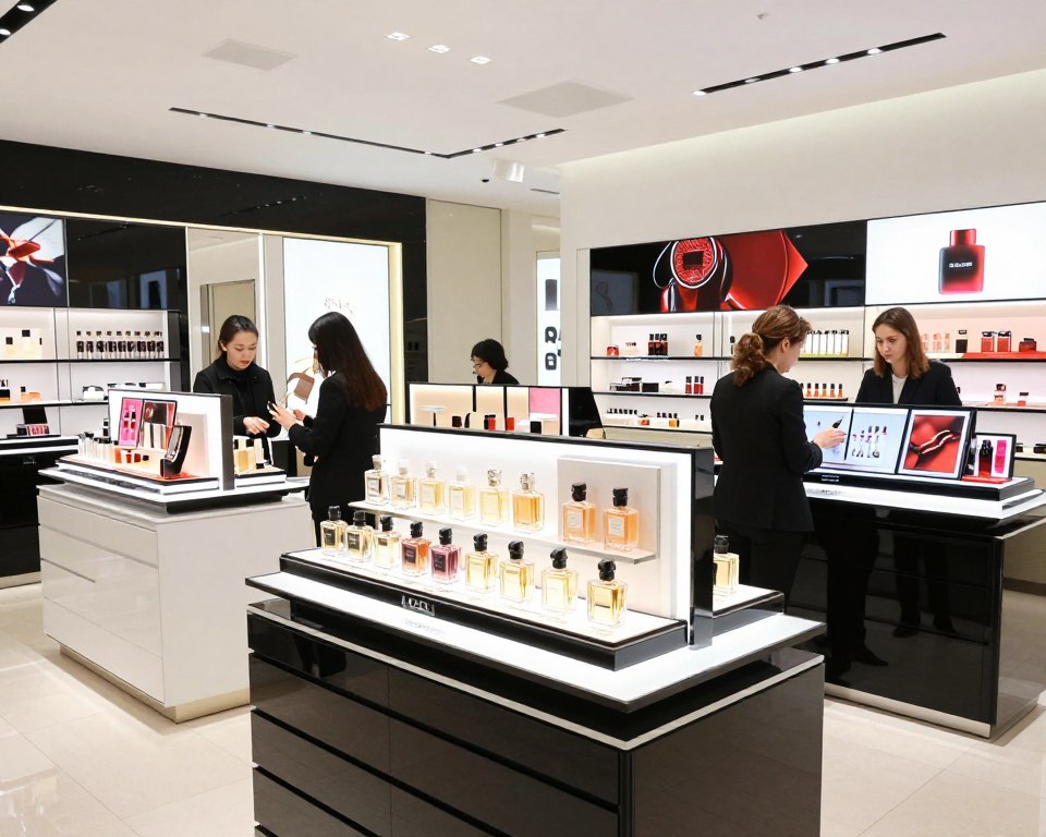 Dział kosmetyków i perfum w Galerii Lafayette - eleganckie stanowiska z luksusowymi markami beauty