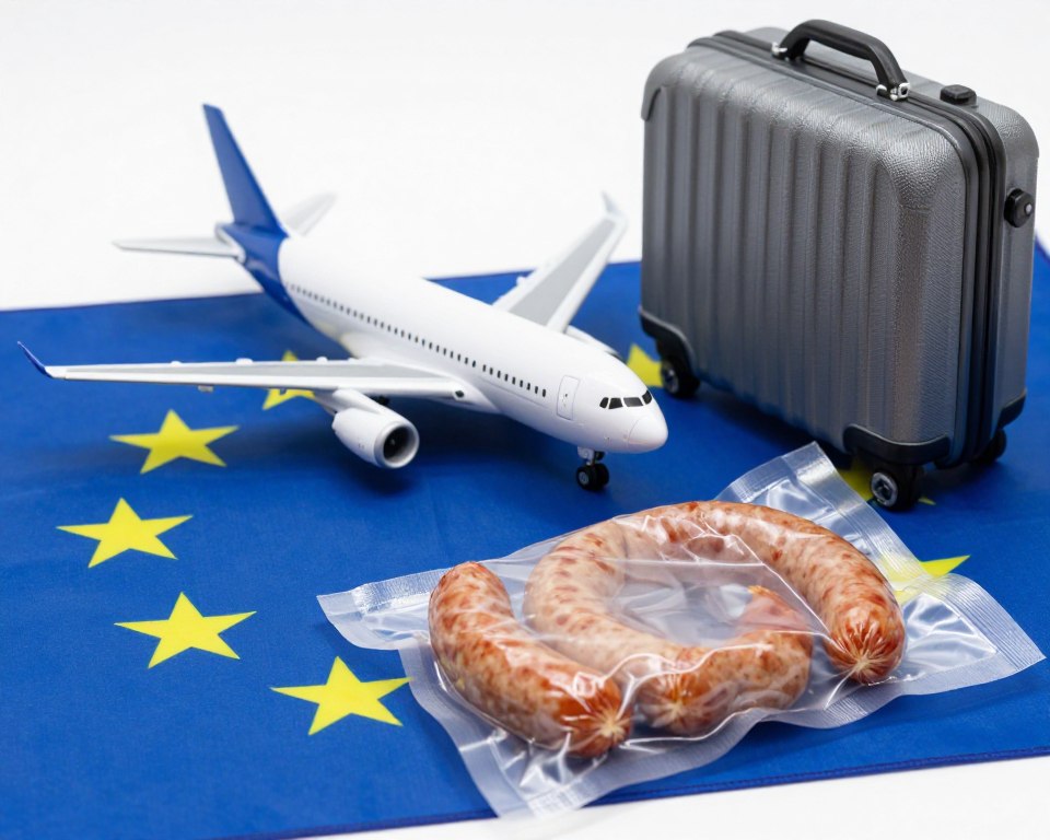 EU flag with airplane and suitcase symbolizing intra-EU travel regulations